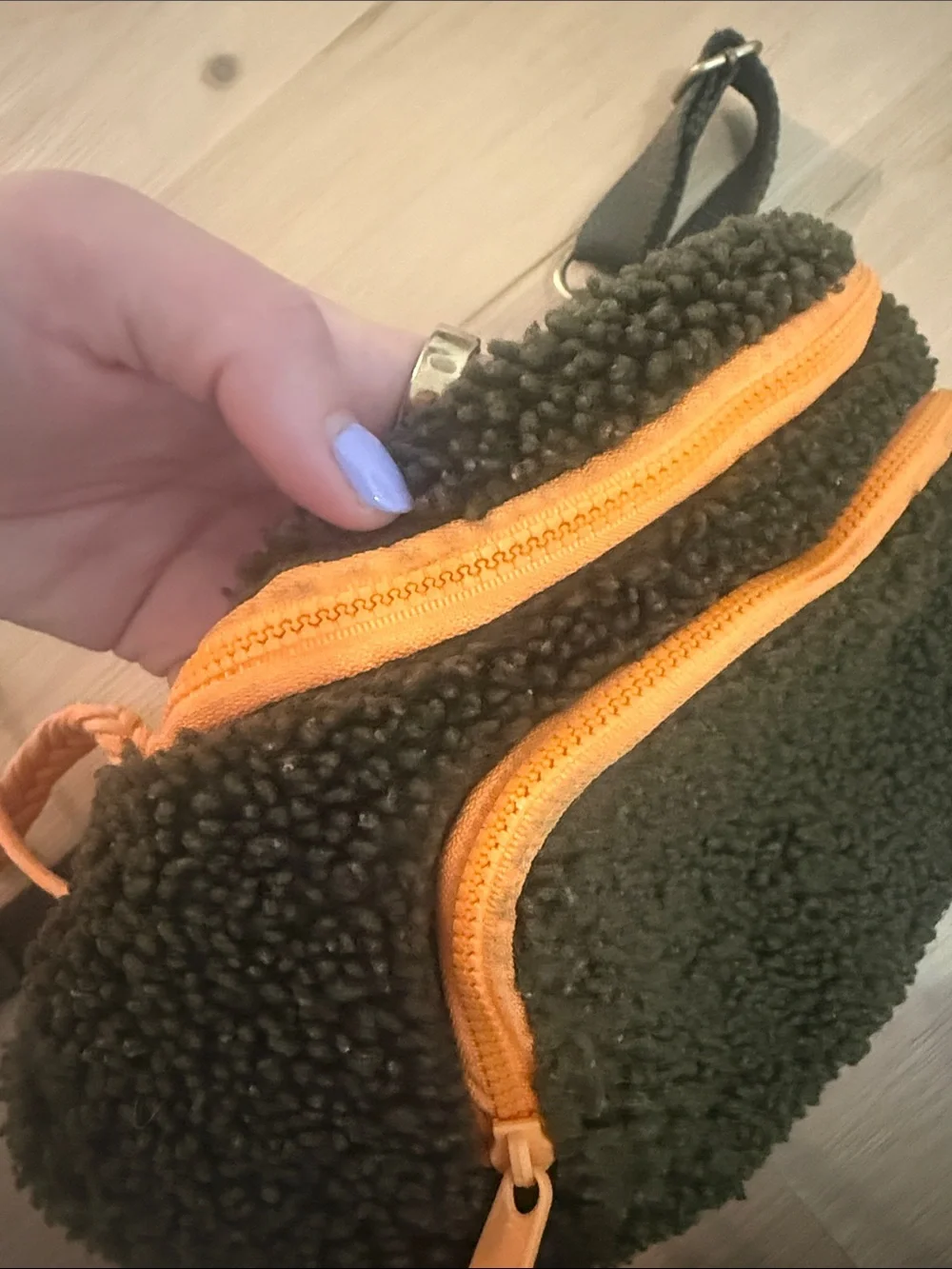 Anthropologie Olive Green Sherpa Crossbody Bag with Orange Accents